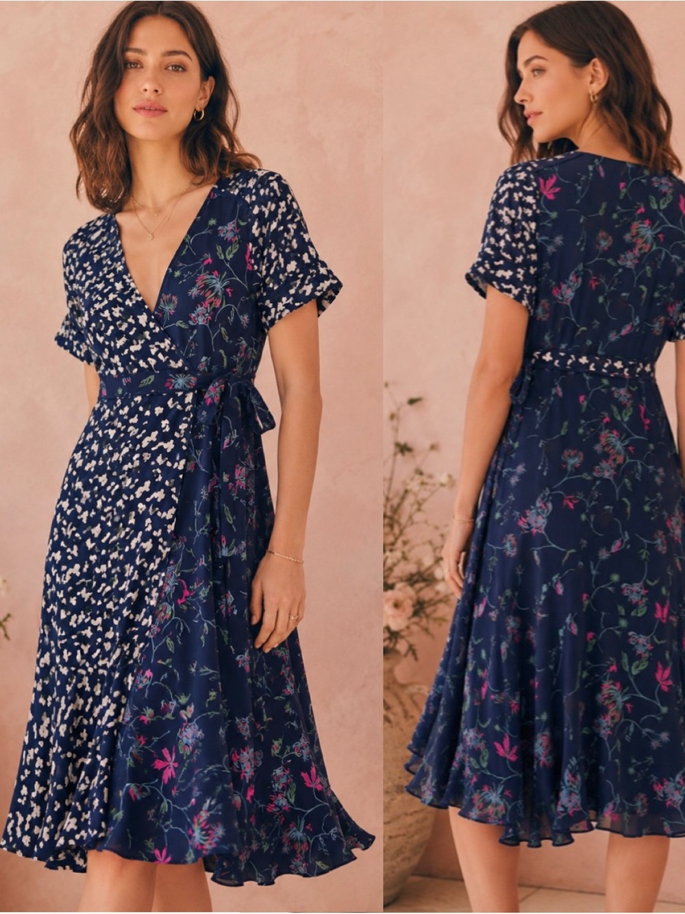 Tanya Taylor Silk Wrap Dress Size 8 Navy Mixed Print Floral Midi Ruffle Hem